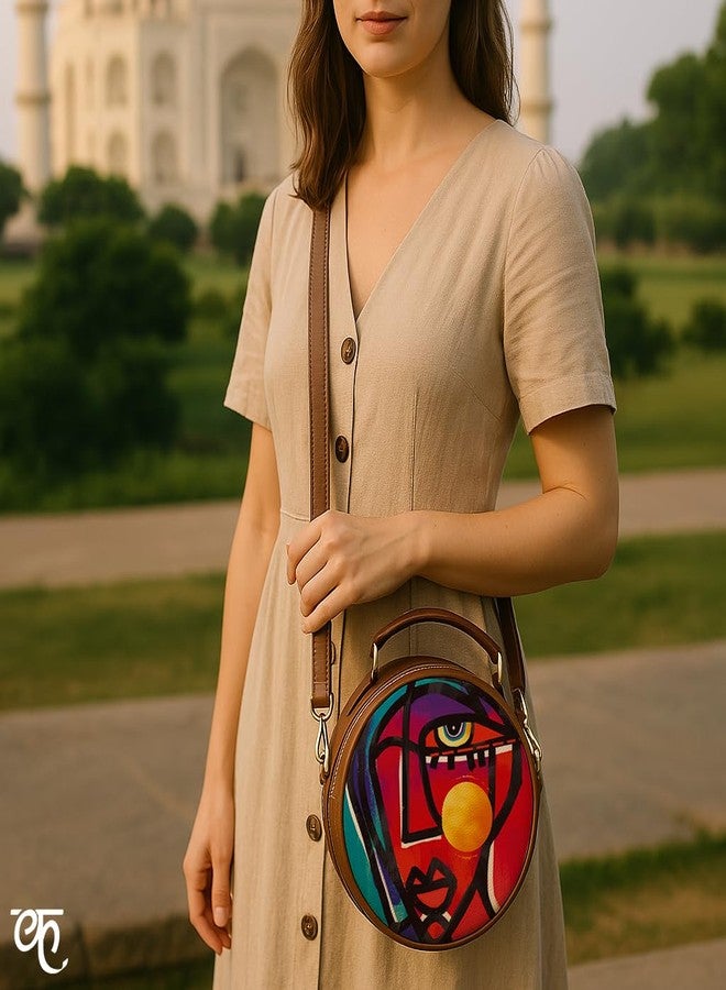 Kalankit Round Sling For Women | Girls Crossbody Bags | Side Bags With Adjustable Strap | Travel Box Sling Bags | Eyes on Sun - Image 5